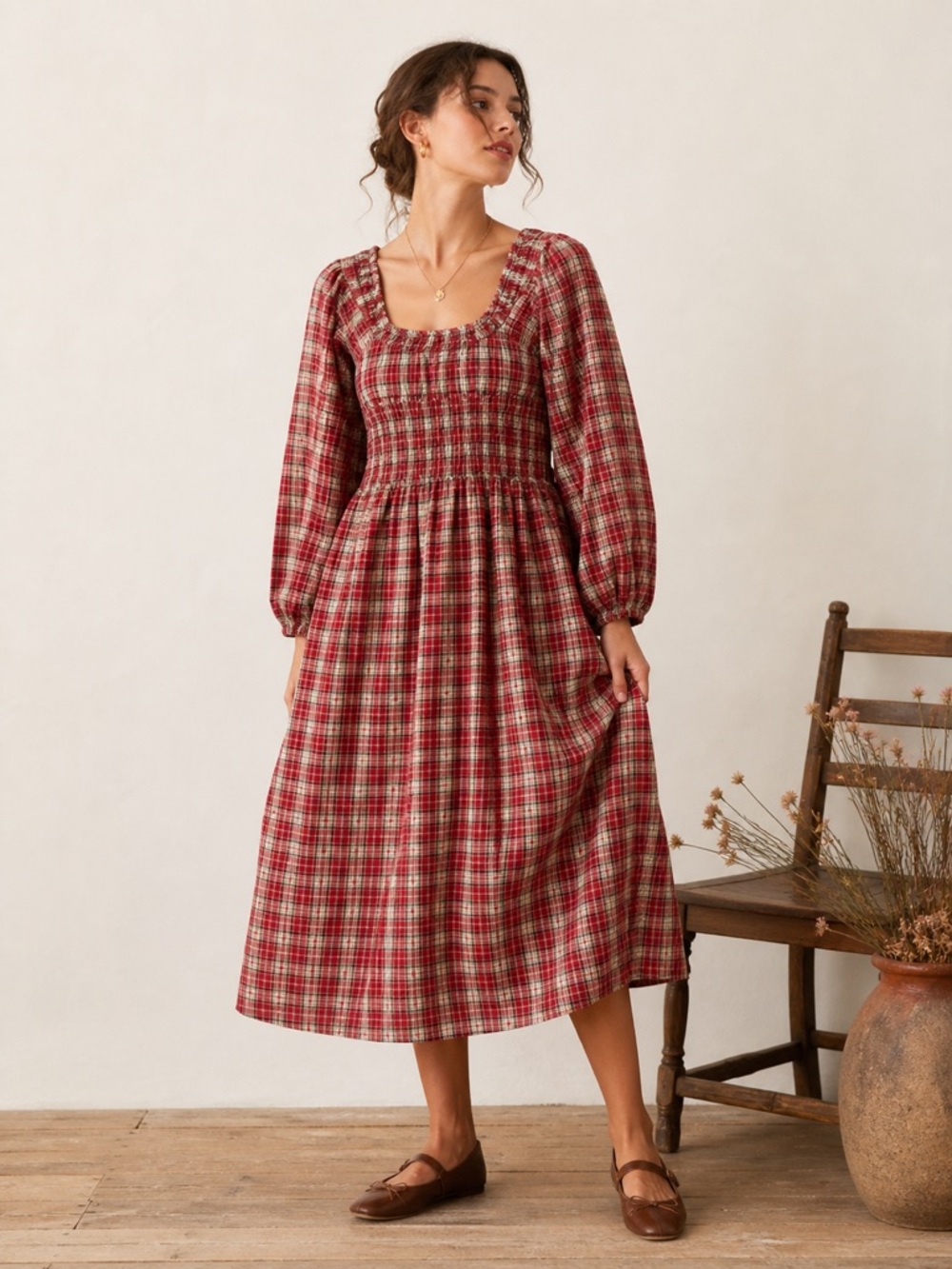 Damson Madder Red Plaid Midi Dress